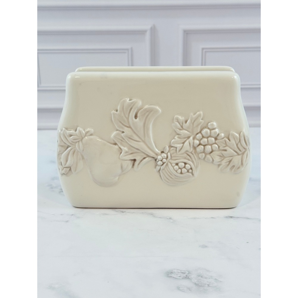 VTG Gibson Elite Embossed White Ceramic Napkin Holder Fruit Grape Motif